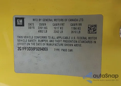 2015 Chevrolet Camaro 2Lt из США, поврежденный, VIN 2G1FF3D38F9284869